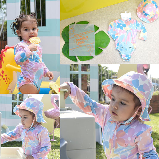 Vestido de Baño Conejita Enterizo y Sombrero Niña Celeste