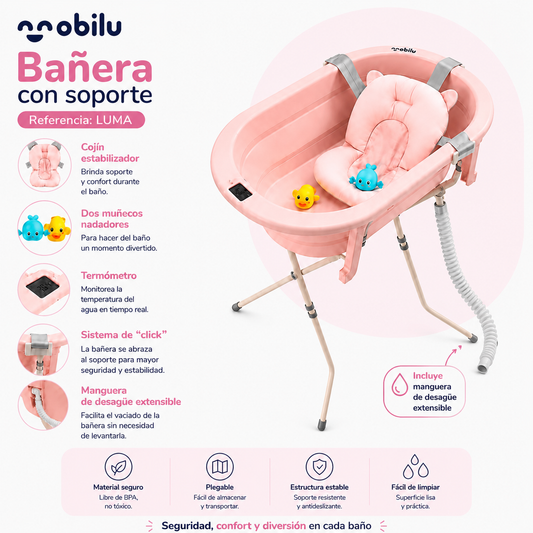 Bañera para Bebé con Soporte LUMA | Mobilu – Termómetro y Cojín