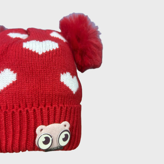 Gorro Tejido Térmico Con Pompón Rojo Corazones