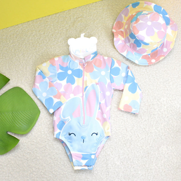 Vestido de Baño Conejita Enterizo y Sombrero Niña Celeste
