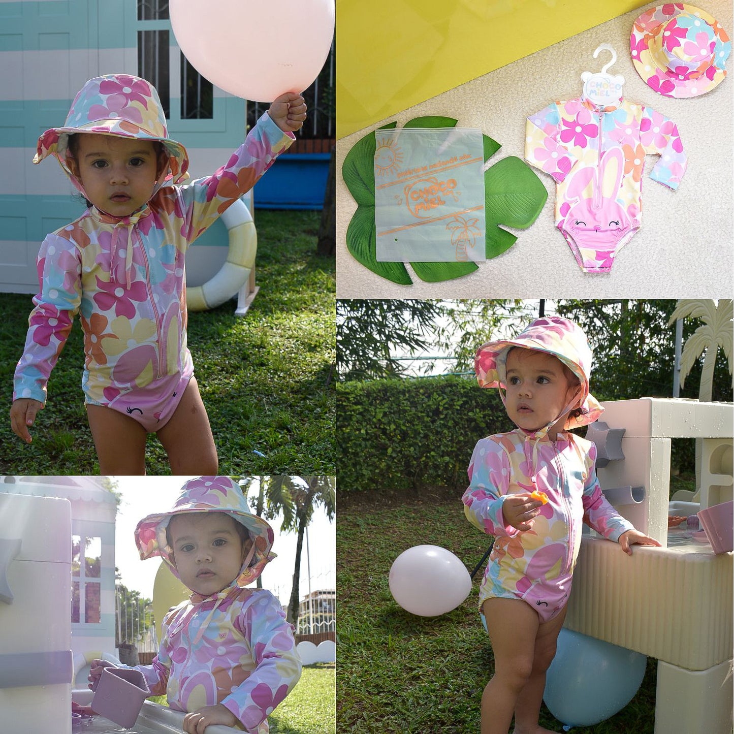 Vestido de Baño Conejita Enterizo y Sombrero Niña Rosado