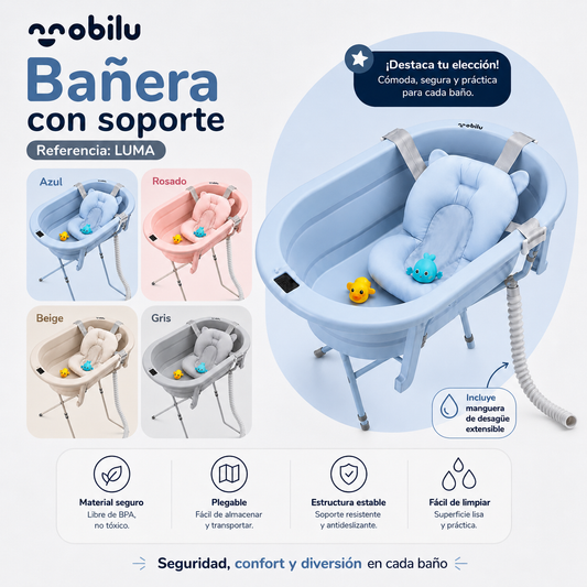 Bañera para Bebé con Soporte LUMA | Mobilu – Termómetro y Cojín