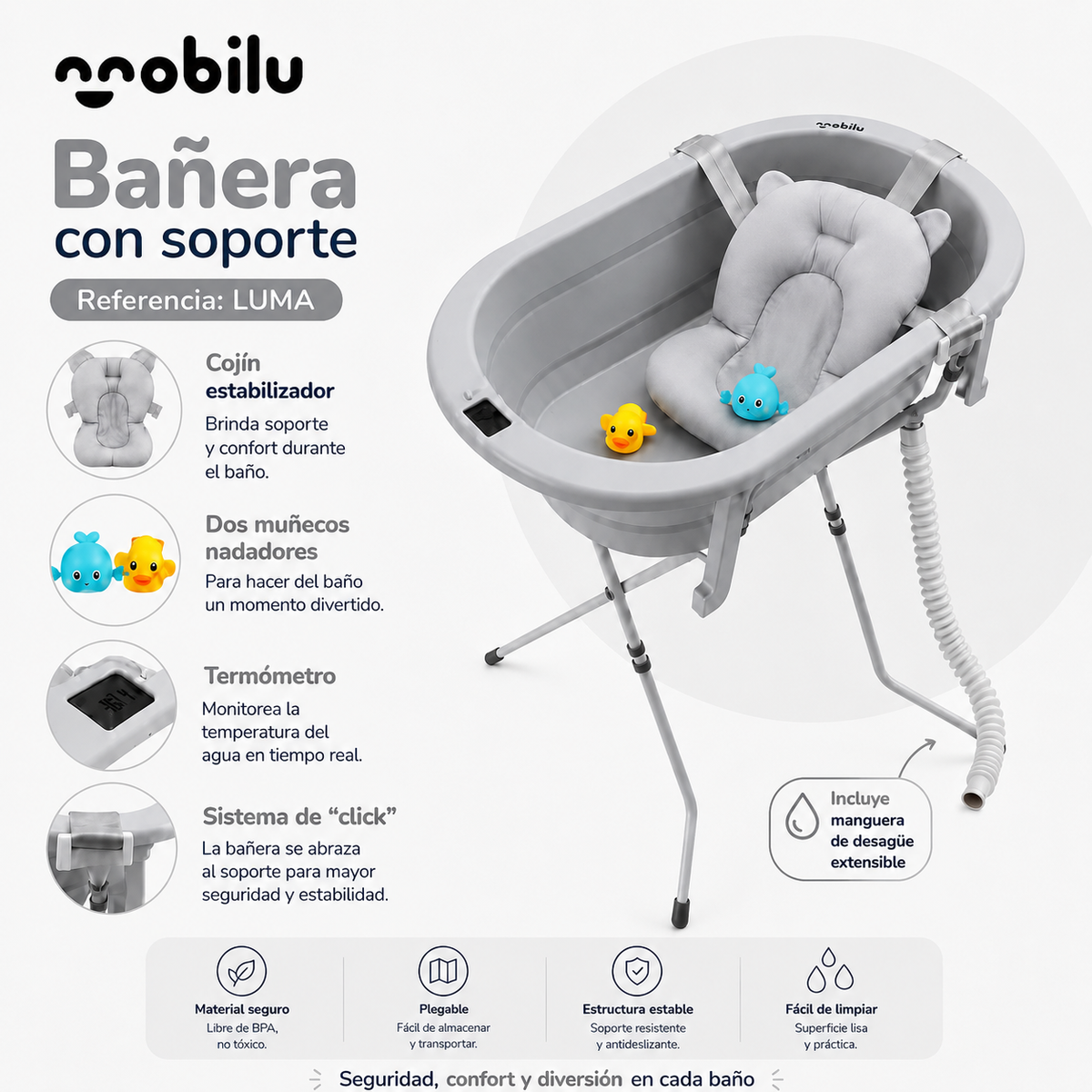 Bañera para Bebé con Soporte LUMA | Mobilu – Termómetro y Cojín