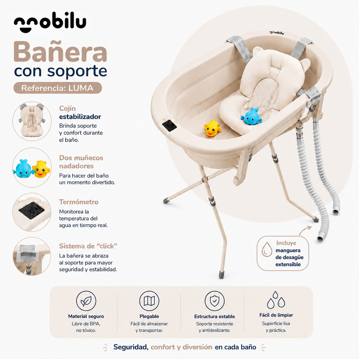 Bañera para Bebé con Soporte LUMA | Mobilu – Termómetro y Cojín