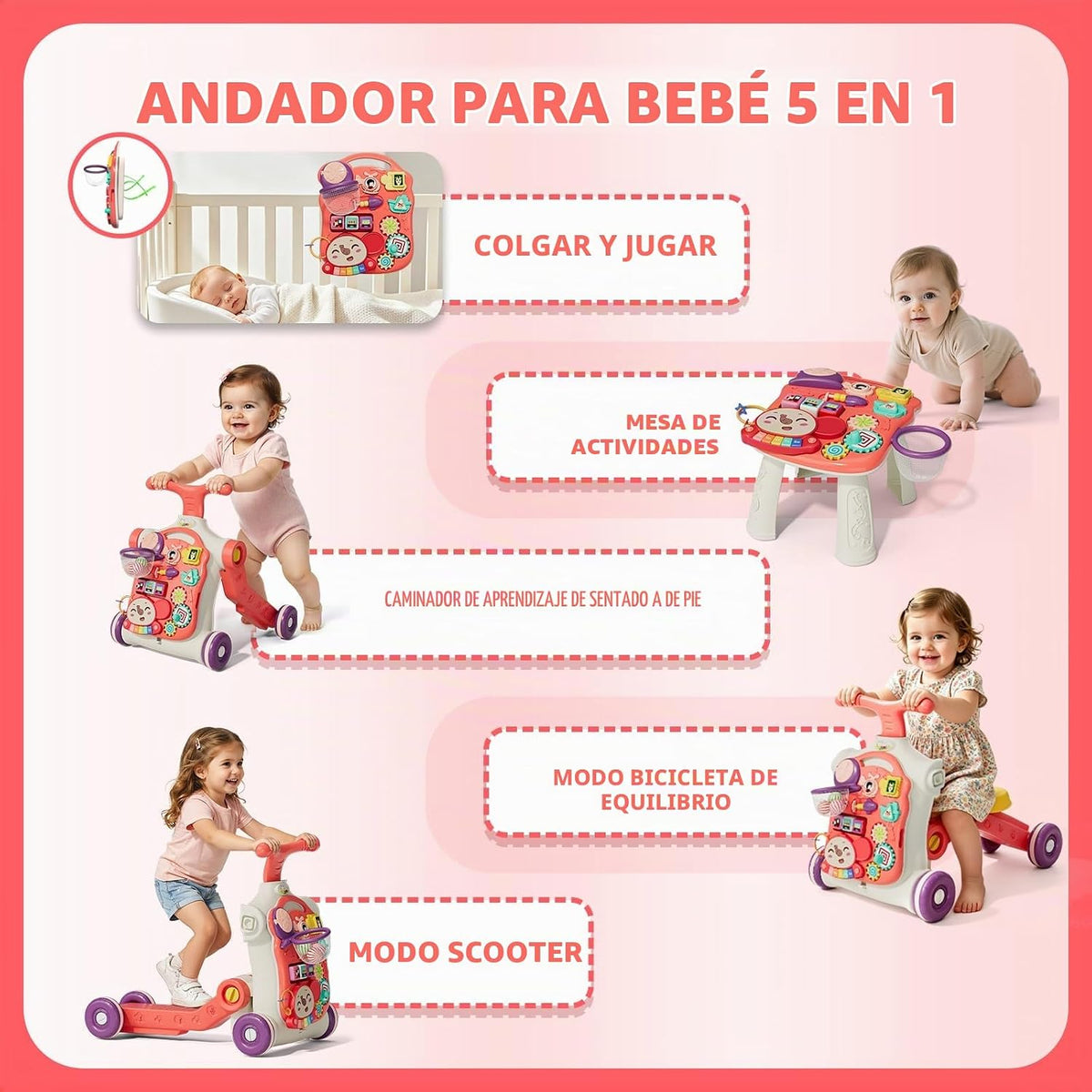 Caminador Andadera 5 en 1 Multi Función Musical Con Juegos Elefante