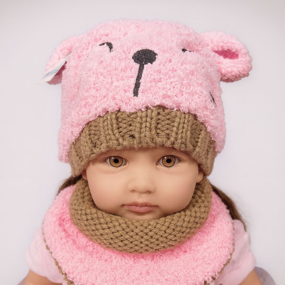 Gorro Con Bufanda Tejido Osita Rosa