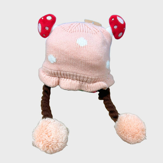 Gorro Tejido Con Pompones Largos Rosa