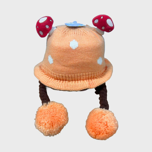 Gorro Tejido Con Pompones Largos Naranja
