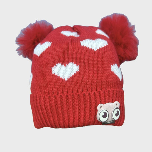 Gorro Tejido Térmico Con Pompón Rojo Corazones