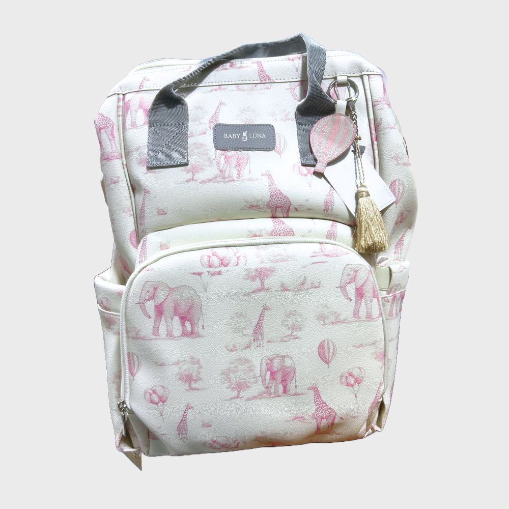 Pañalera Jirafas y Elefantes En Cuero Baby Luna Tipo Morral