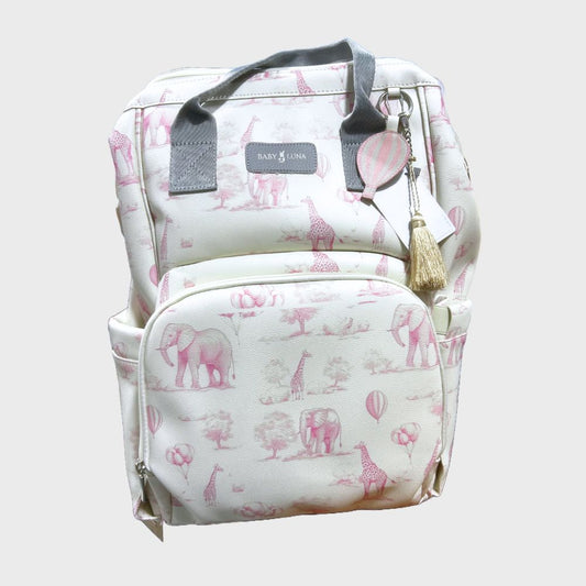 Pañalera Jirafas y Elefantes En Cuero Baby Luna Tipo Morral