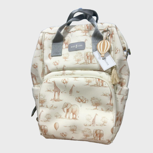 Pañalera Jirafas y Elefantes En Cuero Baby Luna Tipo Morral