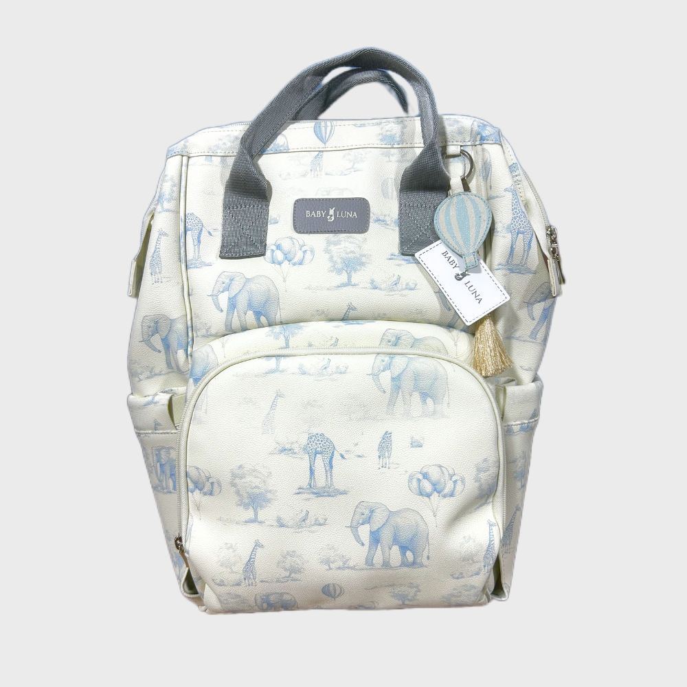 Pañalera Jirafas y Elefantes En Cuero Baby Luna Tipo Morral