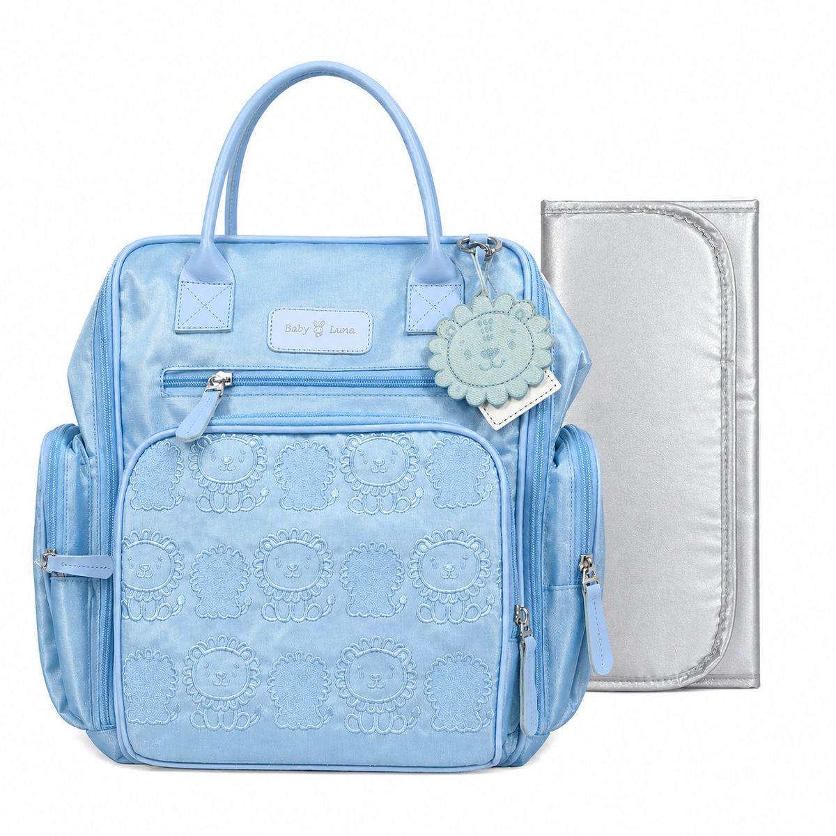 Pañalera Leoncitos Tipo Morral Con Cambiador Baby Luna Celeste
