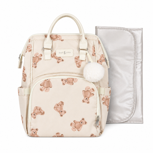 Pañalera Tipo Morral Con Cambiador Ositos Baby Luna Beige