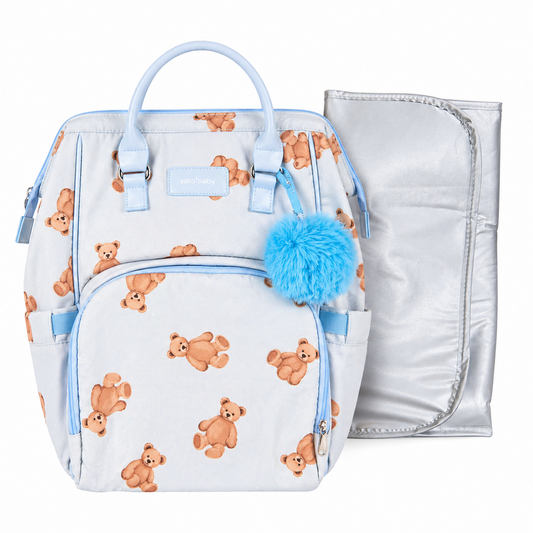 Pañalera Tipo Morral Con Cambiador Ositos Baby Luna Celeste