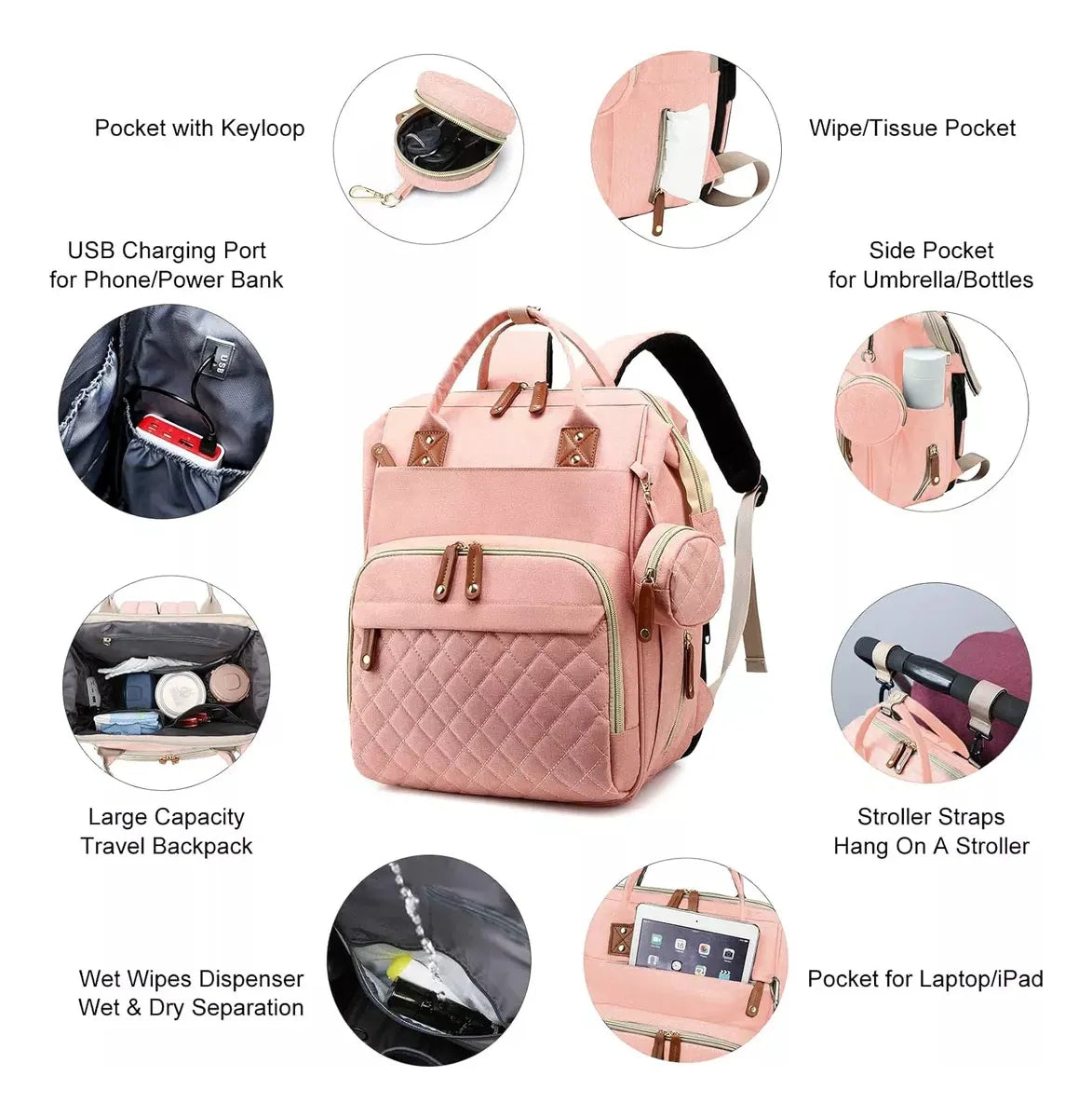 Pañalera Tipo Morral Con Cambiador Plegable Rosa-Salmón