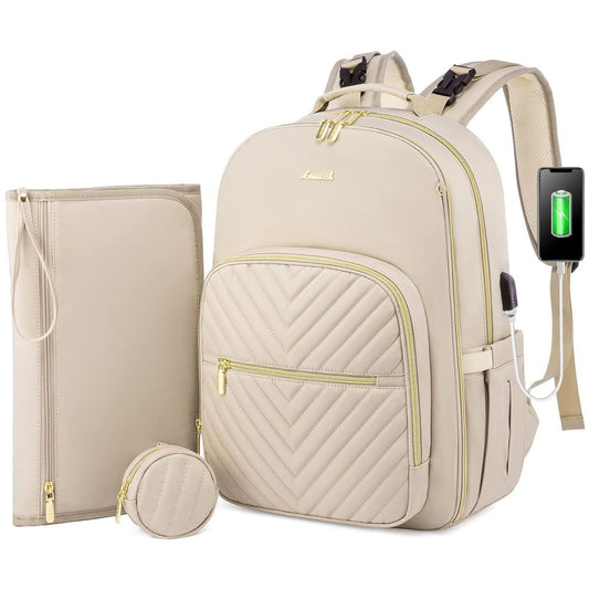 Pañalera Tipo Morral Monedero y Tapete Cambiador Premium Usb Beige