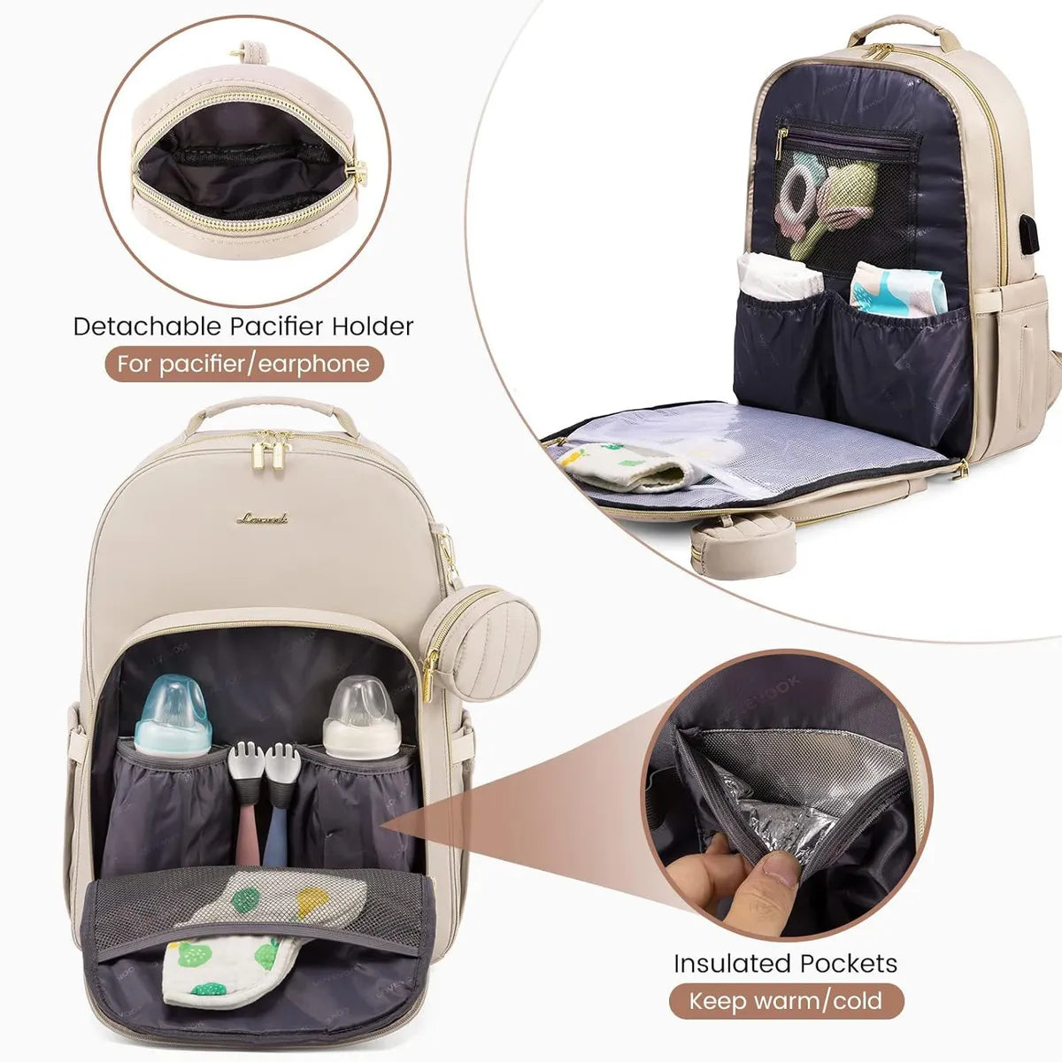Pañalera Tipo Morral Monedero y Tapete Cambiador Premium Usb Beige