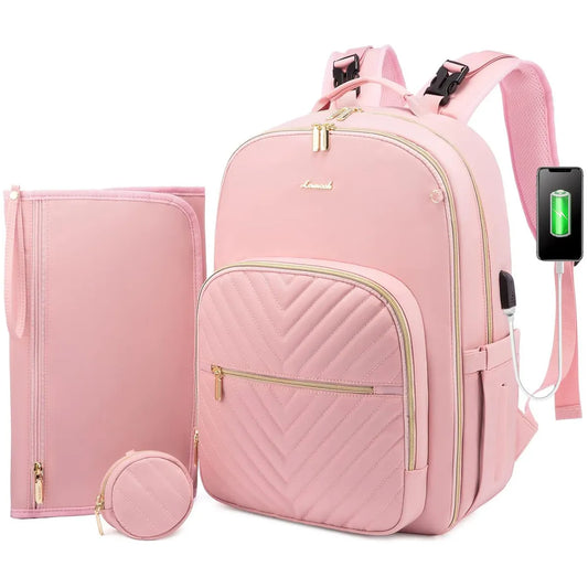 Pañalera Tipo Morral Monedero y Tapete Cambiador Premium Usb Rosa