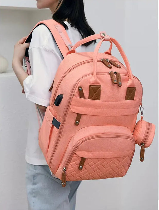Pañalera Tipo Morral Salmón Usb Con Cambiador